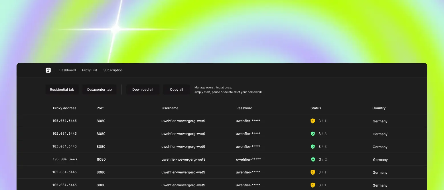 Residential proxies dashboard